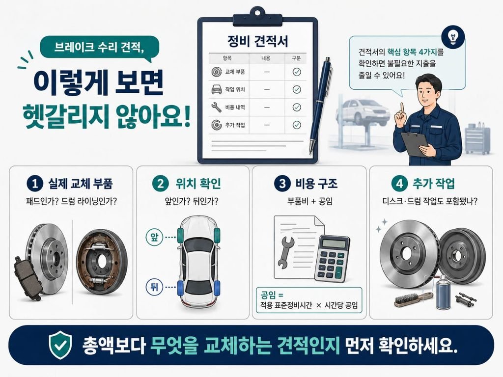 부품명 앞뒤 위치 부품비 공임을 확인하는 브레이크라이닝 교체비용 견적 체크 이미지