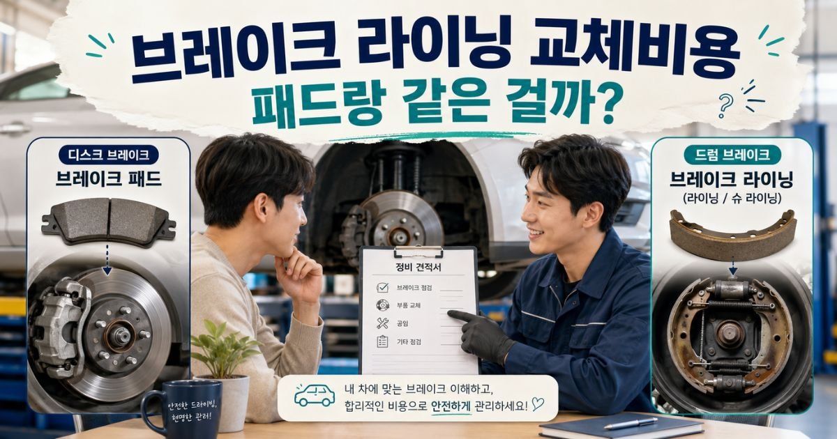 브레이크패드와 드럼 라이닝 차이를 비교하는 브레이크라이닝 교체비용 안내 이미지
