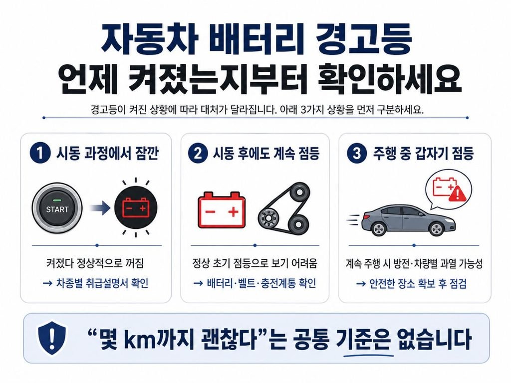 자동차배터리경고등 시동 후 지속 점등과 주행 중 점등 확인 순서 이미지