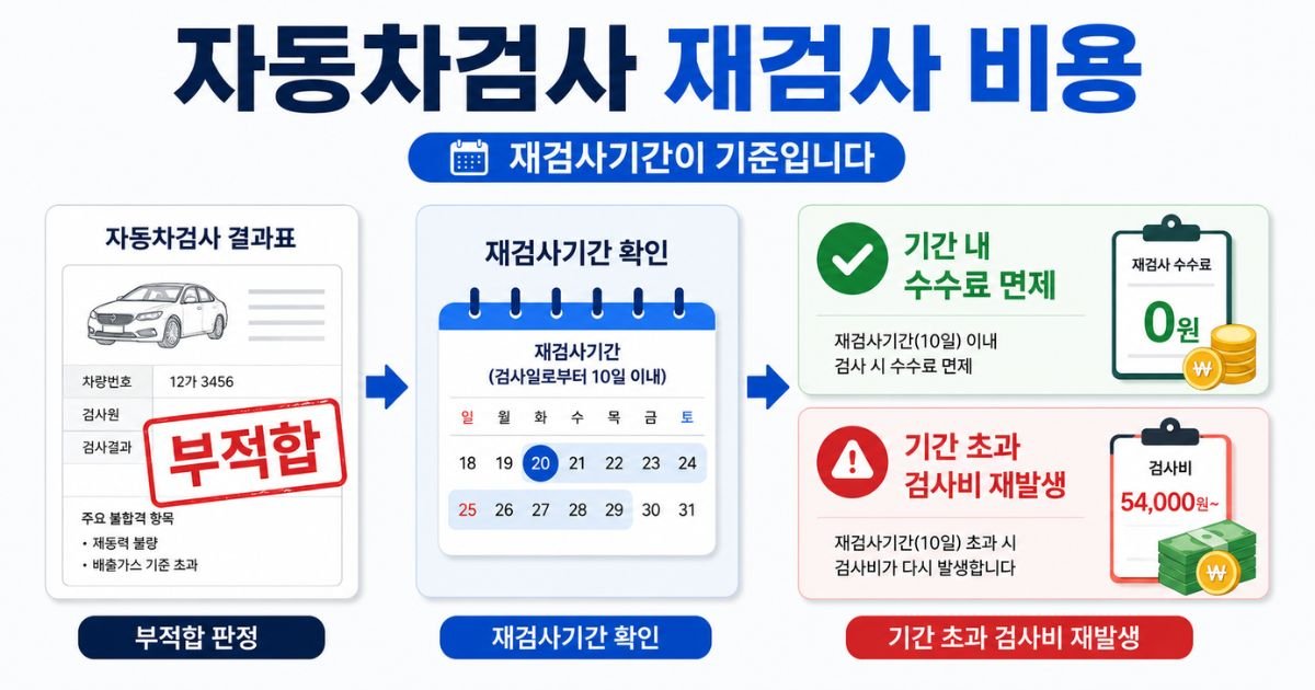자동차검사 재검사 비용 기간 내 면제와 기간 초과 비용 재발생을 안내하는 이미지