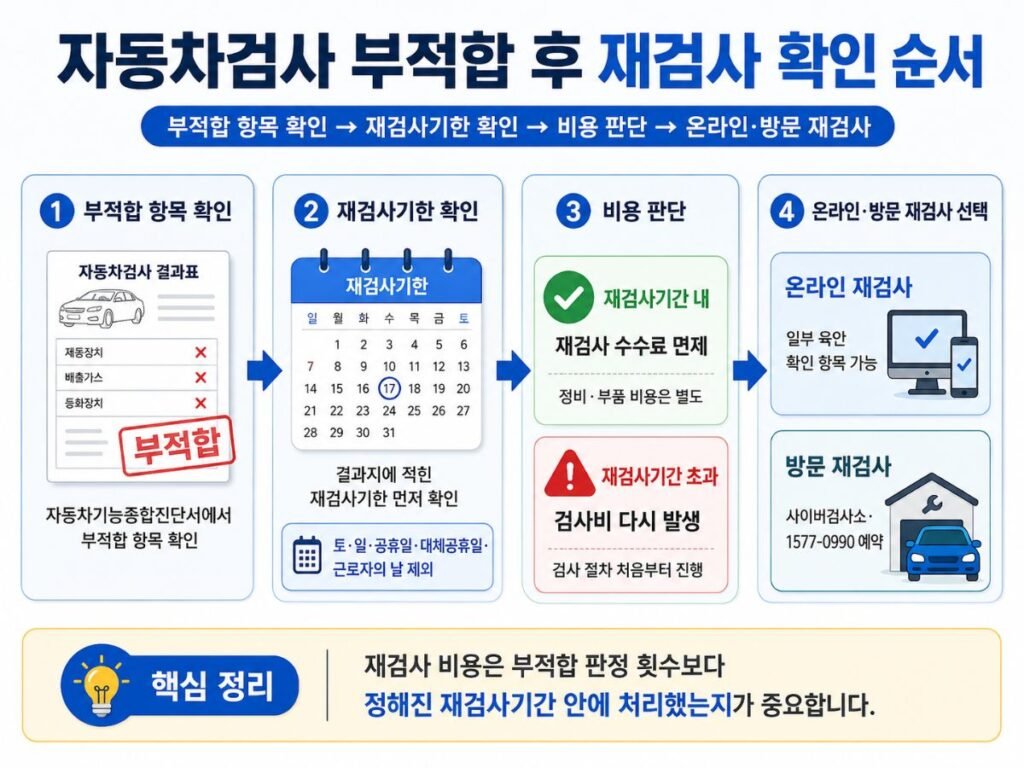 자동차검사 재검사 비용 0원 조건과 부적합 재검사기간 및 온라인 재검사를 정리한 이미지