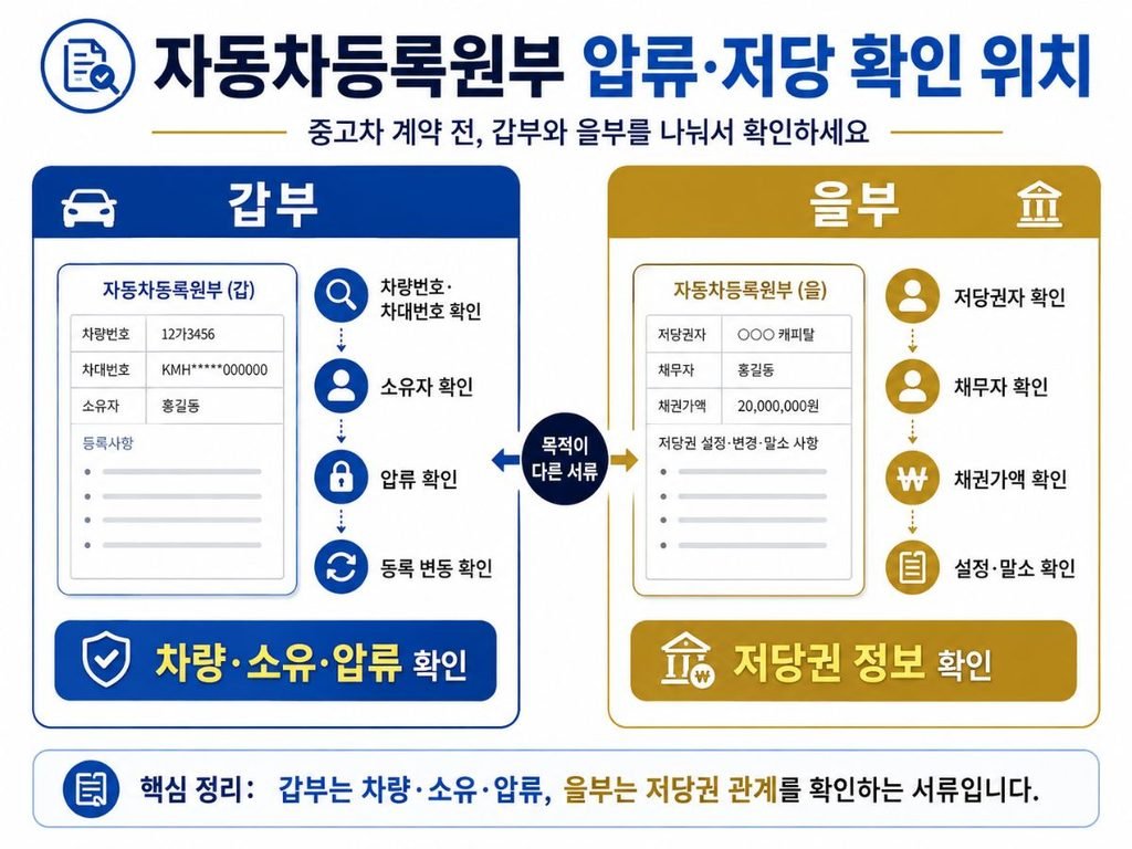 자동차등록원부 인터넷발급 후 중고차 압류 저당 갑부 을부 확인 순서 이미지