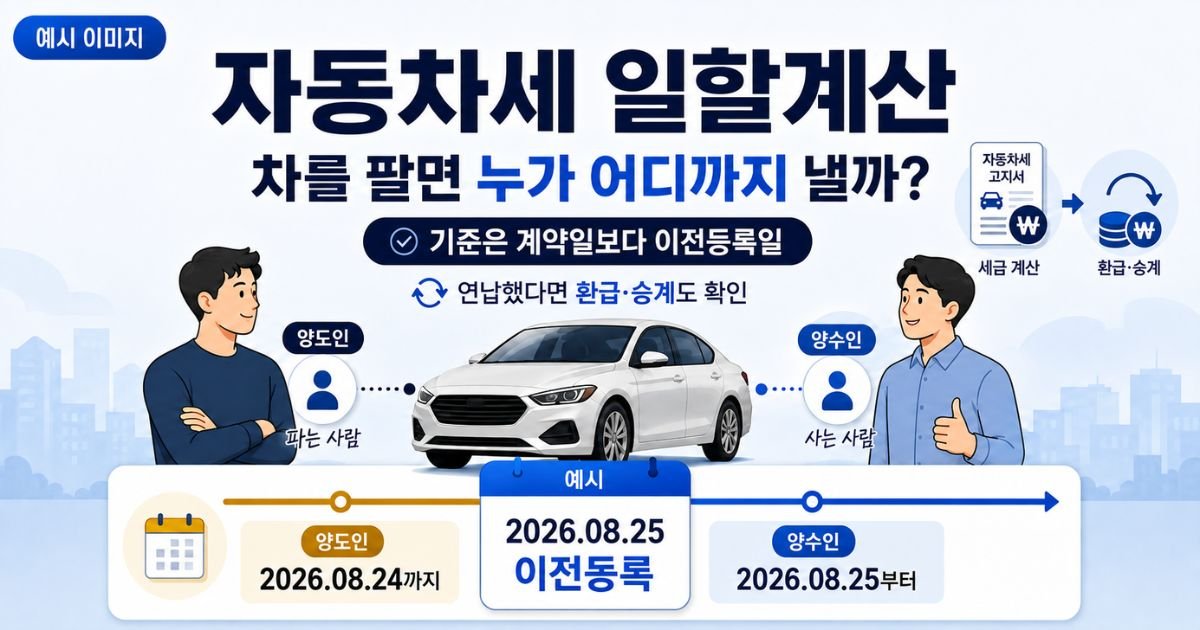차량 판매 후 이전등록일 기준 양도인과 양수인의 부담기간을 보여주는 자동차세 일할계산 대표 이미지