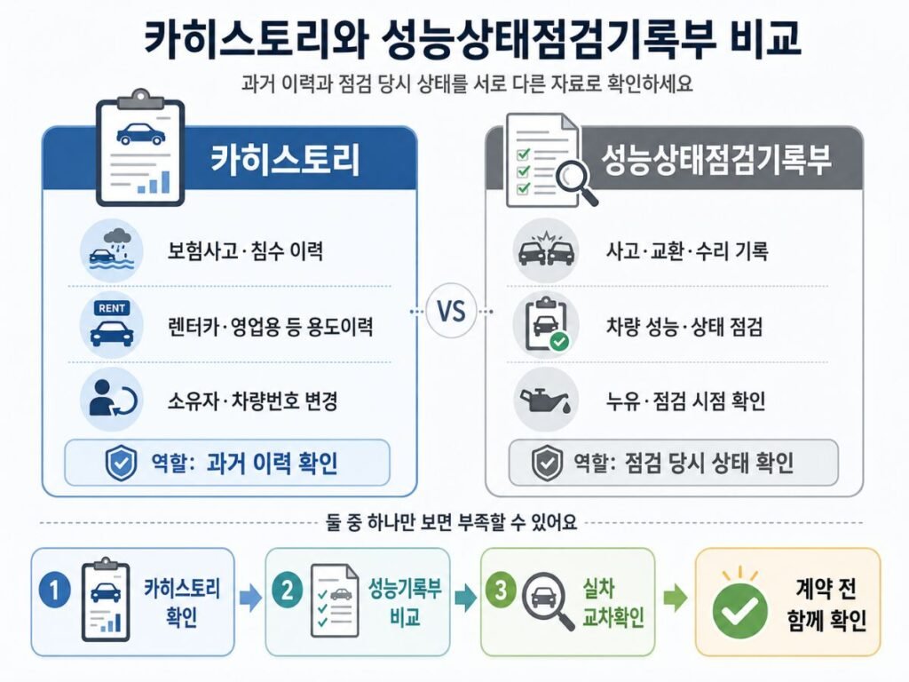 카히스토리조회 결과와 중고차 성능상태점검기록부 차이 비교 이미지
