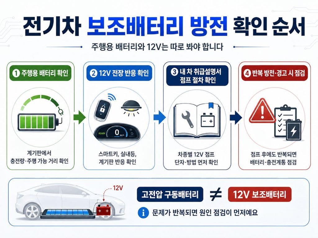 전기차 보조배터리 방전 시 주행용 배터리와 12V 전장 반응 점프 절차 점검 순서 이미지