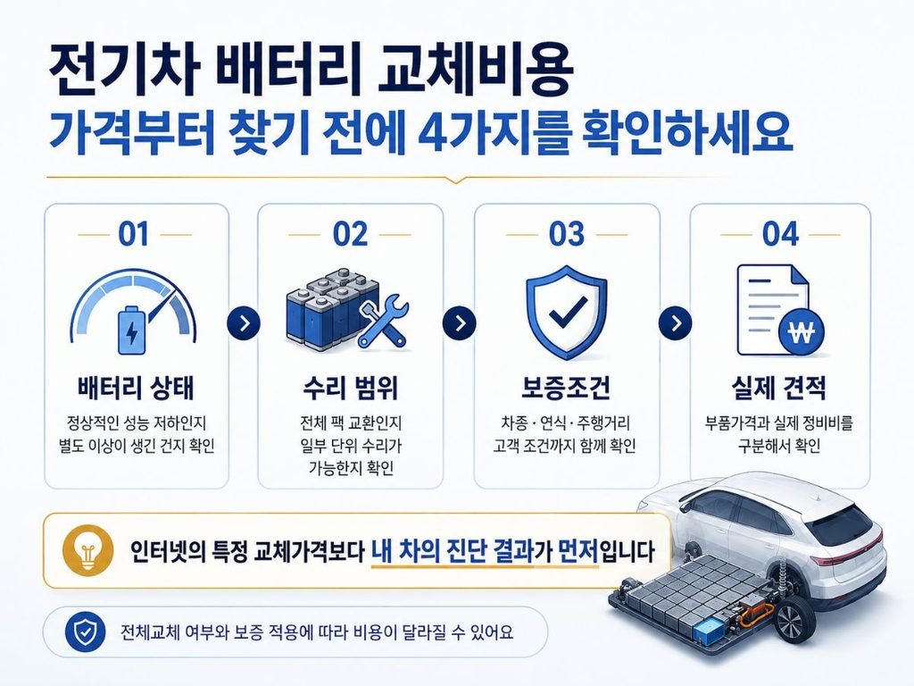 배터리 상태 수리범위 보증조건 실제 견적 순서를 정리한 전기차 배터리 교체비용 확인 이미지