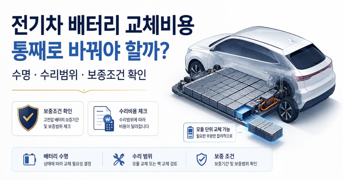 고전압 배터리 팩과 모듈 수리범위·보증조건을 보여주는 전기차 배터리 교체비용 대표 이미지