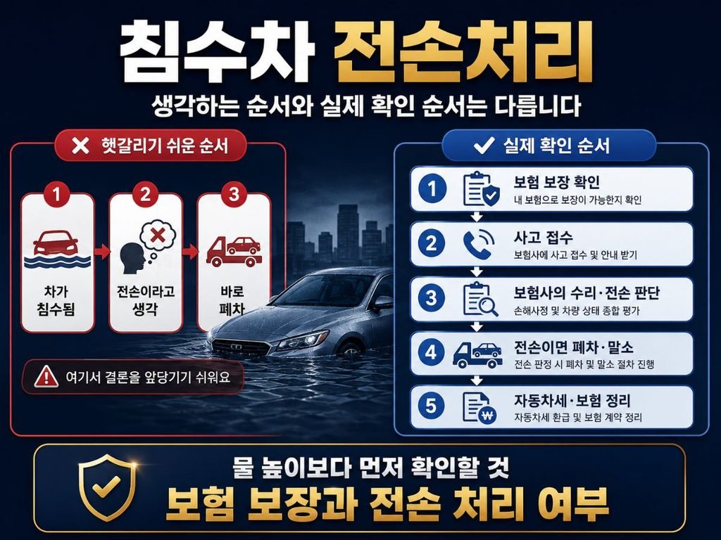 오해 순서와 실제 확인 순서를 비교한 침수차 전손처리 본문 안내 이미지