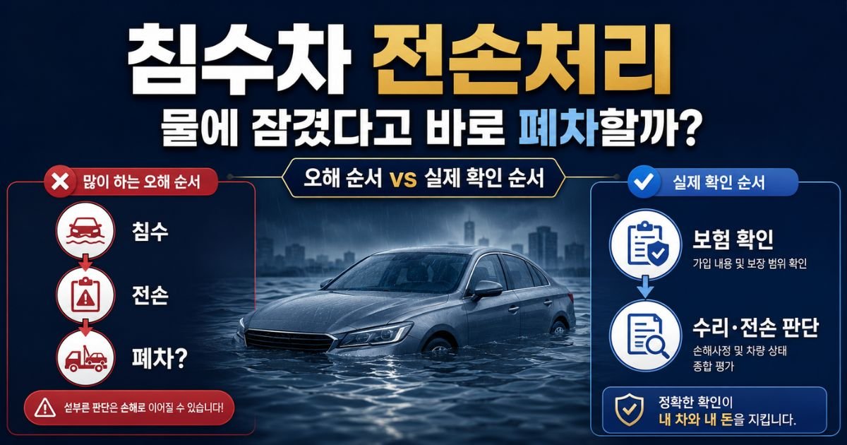 보험 보상과 폐차 판단 순서를 보여주는 침수차 전손처리 대표 이미지