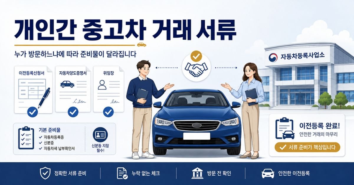 개인간 중고차 거래 서류 매도인 매수인 이전등록 준비 이미지