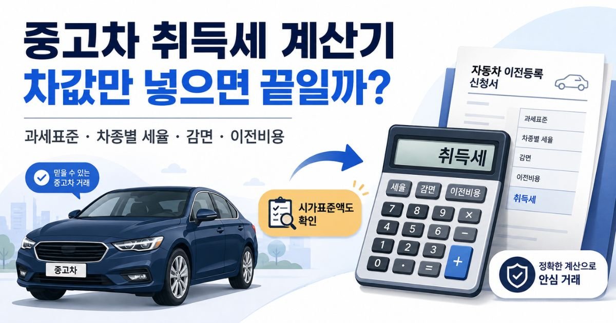 차값과 시가표준액 이전비용을 비교하는 중고차 취득세 계산기 대표 이미지