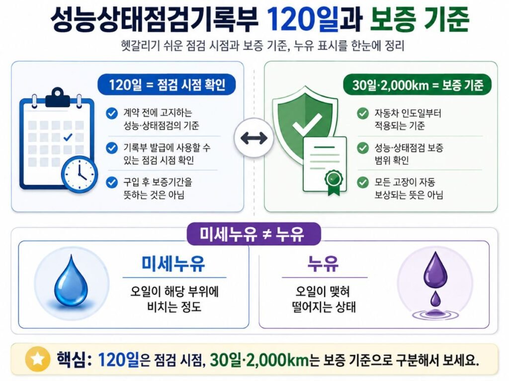 중고차 성능상태점검기록부 보는법, 120일 점검 기준과 30일 2000km 보증 및 누유 구분 이미지
