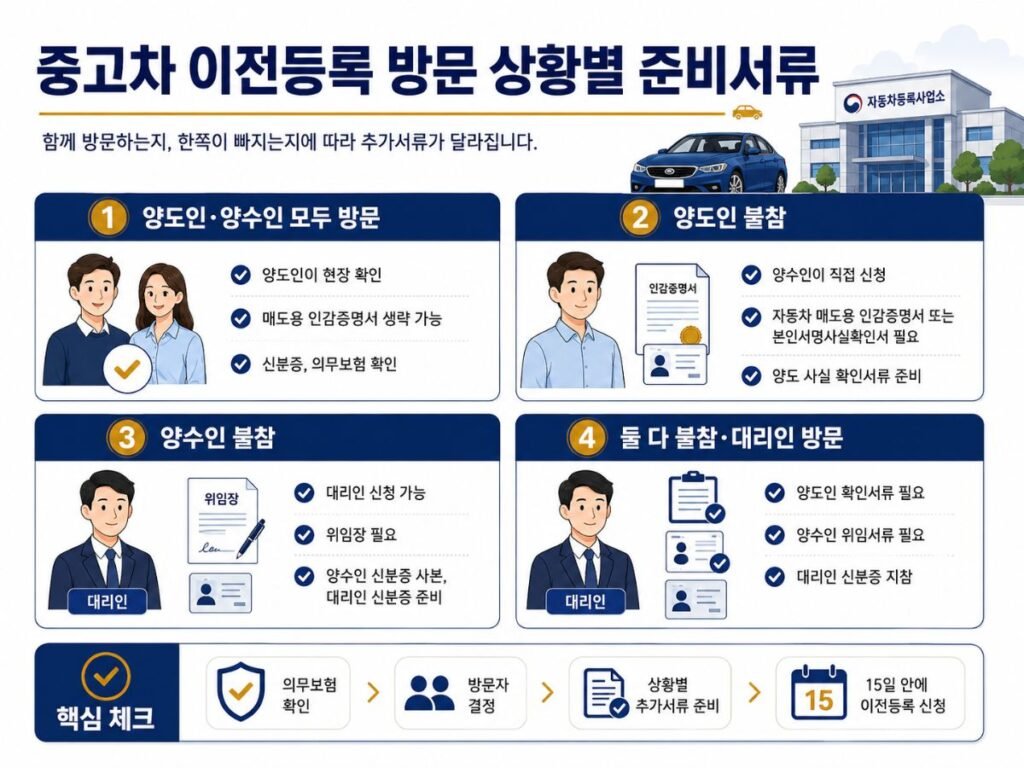 개인간 중고차 거래 서류 양도인 불참 양수인 대리인 상황별 준비물 이미지
