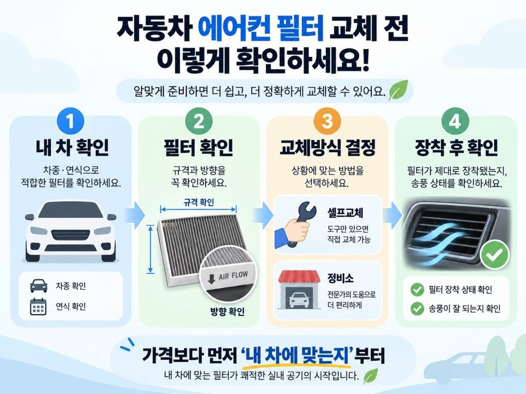 차종 연식 필터 규격 장착 방향과 교체방식을 보여주는 자동차 에어컨 필터 교체 비용 본문 안내 이미지