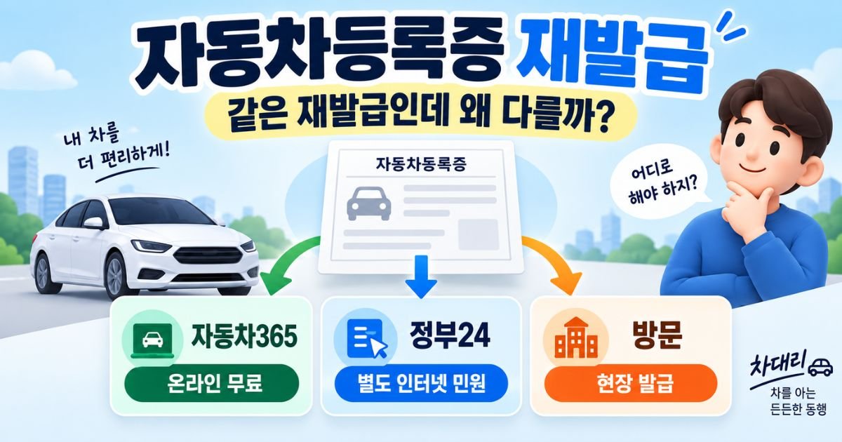 자동차365 정부24 방문 발급 차이를 보여주는 자동차등록증 재발급 대표 이미지