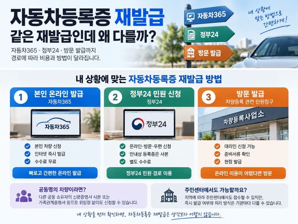 본인 온라인 정부24 방문 상황별 자동차등록증 재발급 경로를 비교하는 본문 이미지