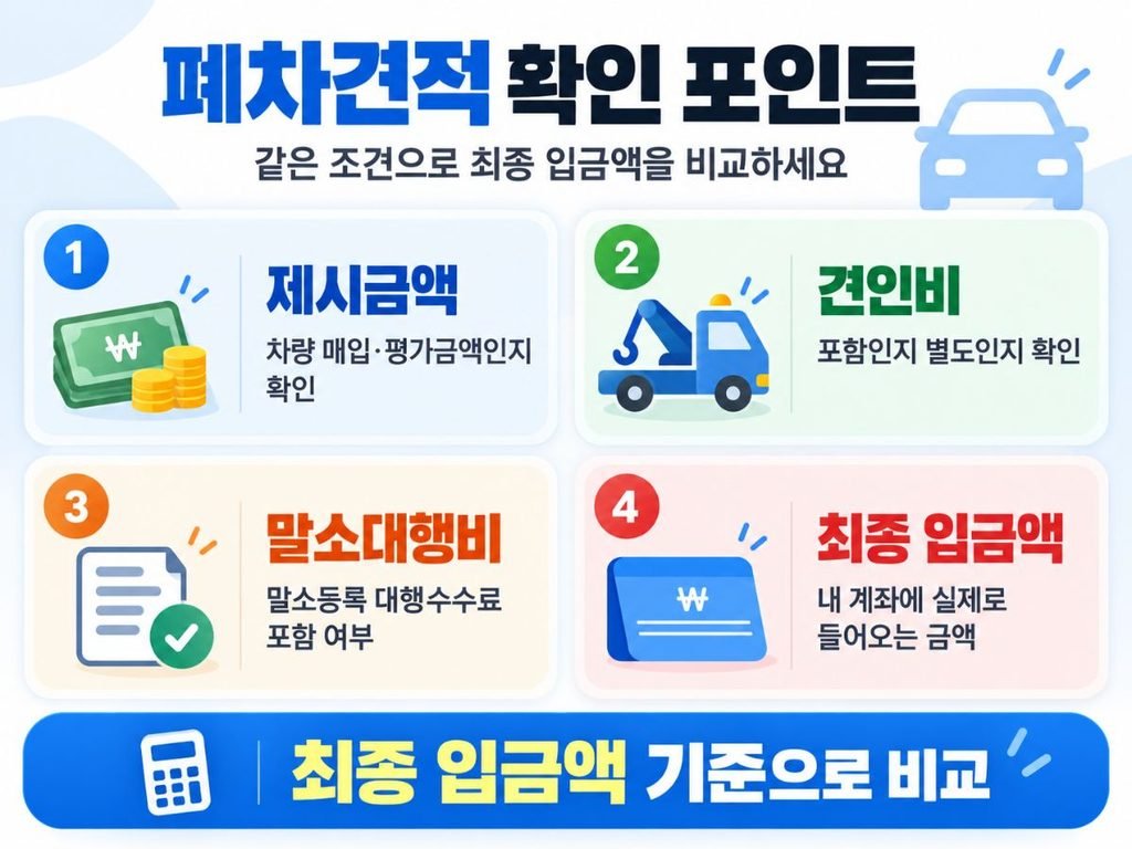 제시금액 견인비 말소대행비 최종 입금액을 정리한 자동차폐차비용 견적 확인 이미지