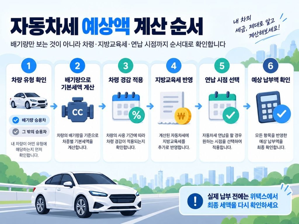 차량 유형부터 배기량 차령 지방교육세 연납 시점까지 보여주는 자동차세 계산기 본문 이미지