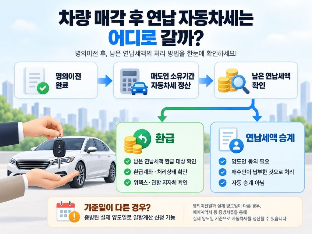 명의이전 완료 후 정산·환급·승계 흐름을 정리한 자동차세 연납 후 차량 매각 본문 이미지