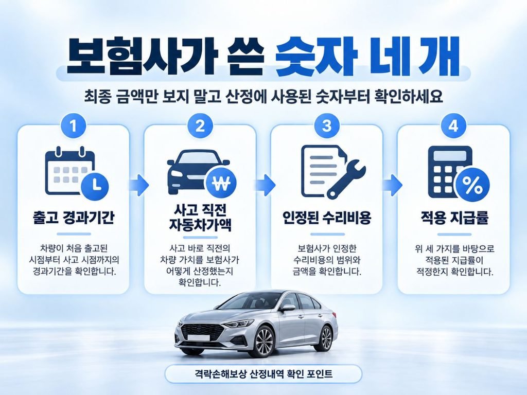 보험사 산정에 쓰는 네 가지 숫자를 정리한 격락손해보상 본문 이미지