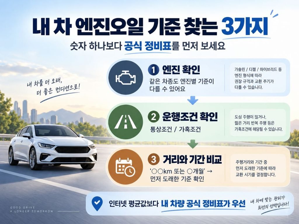 엔진 종류와 운행조건 거리와 기간을 순서대로 확인하는 엔진오일 교환주기 본문 안내 이미지