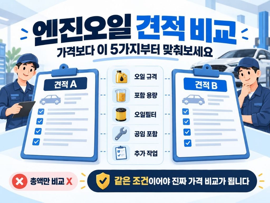 오일 규격 용량 오일필터 공임 추가 작업을 비교하는 엔진오일교환비용 견적 안내 이미지