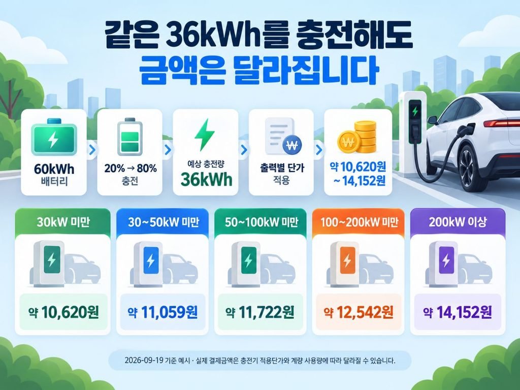 60kWh 배터리 20%에서 80% 충전 비용을 비교한 전기차 충전요금 계산 이미지