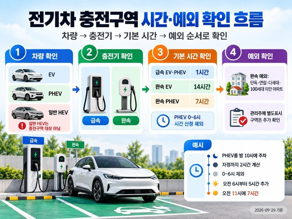 급속·완속 주차시간과 아파트 예외를 비교한 전기차 충전구역 과태료