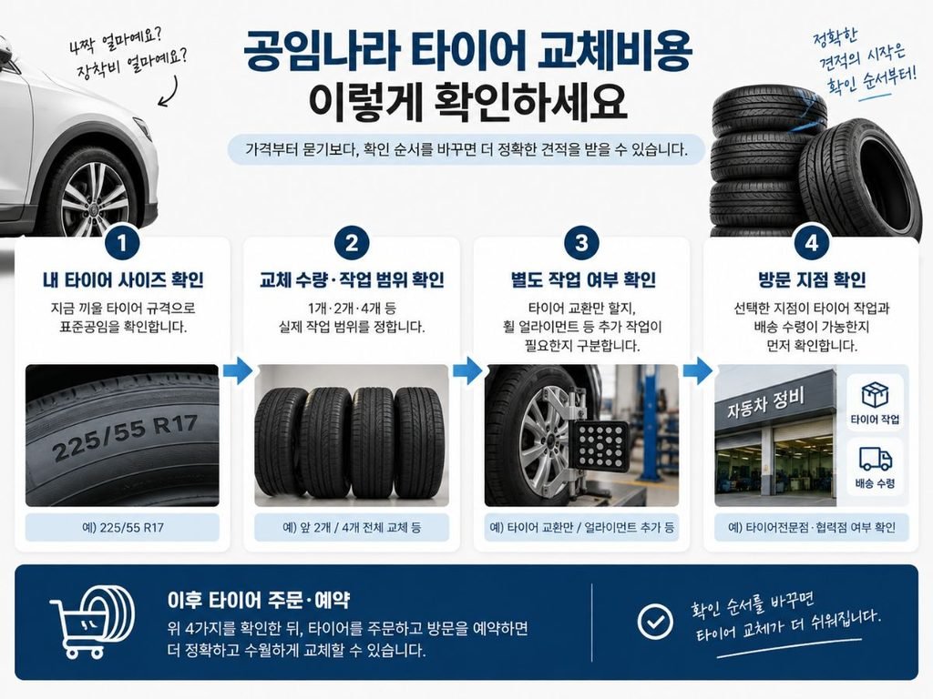 타이어 사이즈 수량 별도 작업 방문 지점을 순서대로 확인하는 공임나라 타이어 교체비용 본문 이미지