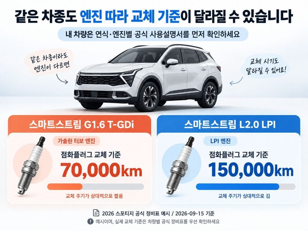 2026 스포티지 엔진별 기준 차이를 비교한 점화플러그 교체시기 예시 이미지