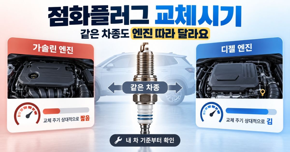 같은 차종의 엔진별 기준 차이를 보여주는 점화플러그 교체시기 안내 이미지