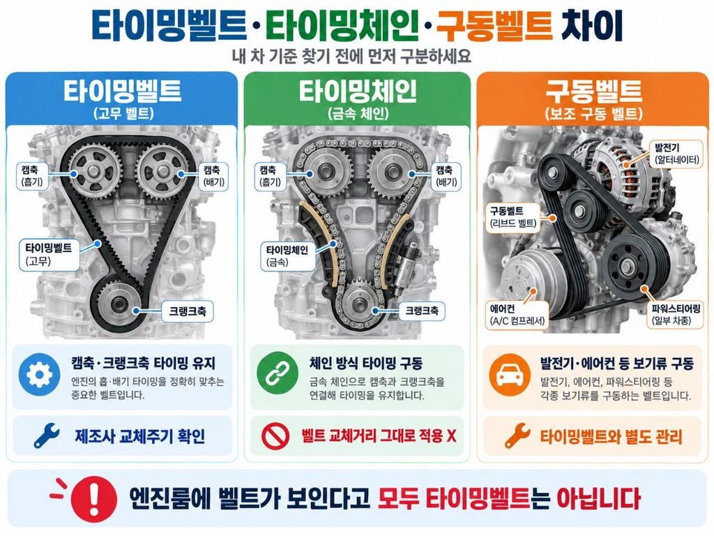 타이밍벨트 타이밍체인 구동벨트 차이를 보여주는 타이밍벨트 교체주기 비교 이미지