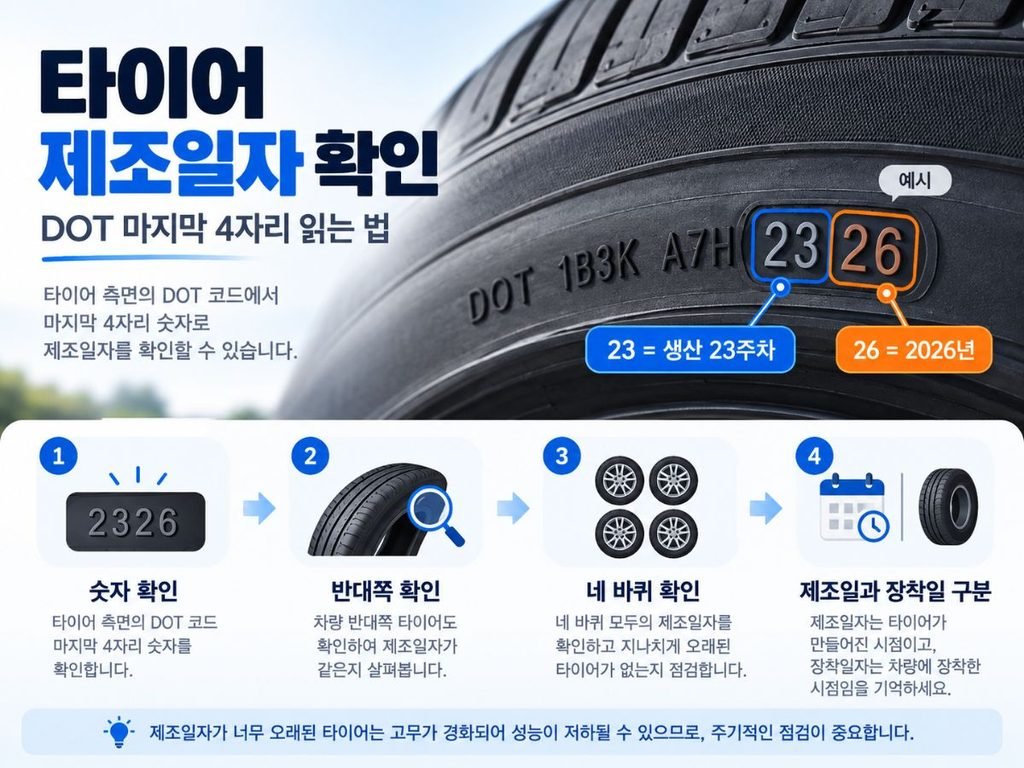 DOT 2326 예시와 반대쪽·네 바퀴 확인 흐름을 보여주는 타이어 제조일자 확인 본문 이미지