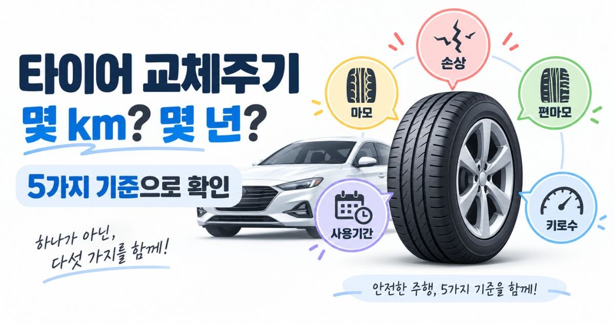 주행거리와 사용기간 마모 손상 편마모를 함께 보여주는 타이어 교체주기 대표 이미지
