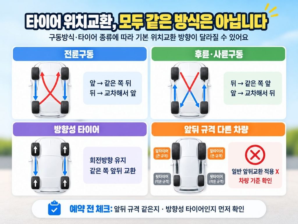 전륜 후륜 사륜 방향성 타이어 교환 방법을 비교한 타이어 위치교환비용 본문 이미지