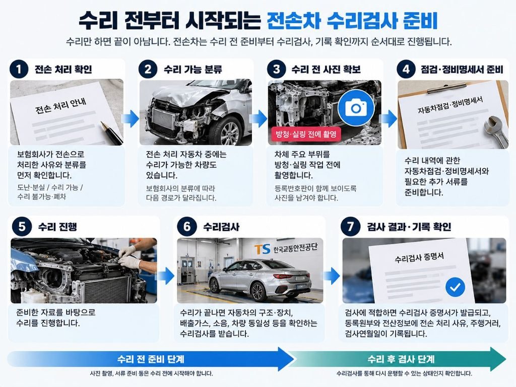 수리 전 사진과 서류 준비부터 검사 기록까지 보여주는 전손처리 수리검사 흐름