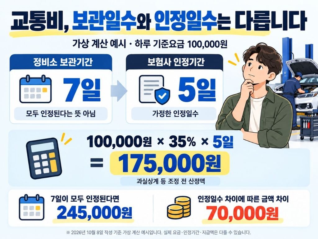 교통사고 교통비 정비소 보관 7일 보험사 인정 5일 35% 적용 175000원 가상 계산 예시