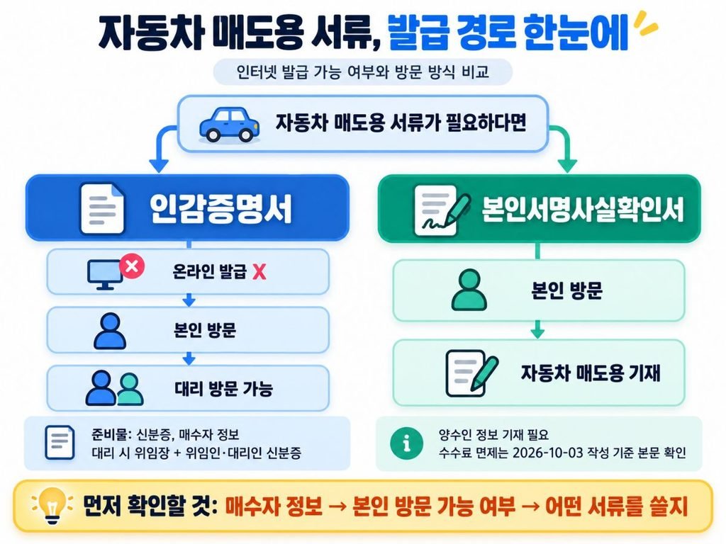 인터넷 발급과 본인 대리 방문 경로를 비교한 자동차 매도용 인감증명서 안내