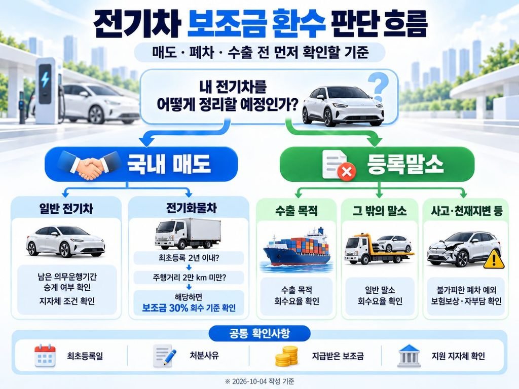 매도 폐차 수출별 확인 순서를 보여주는 전기차 보조금 환수 판단 흐름