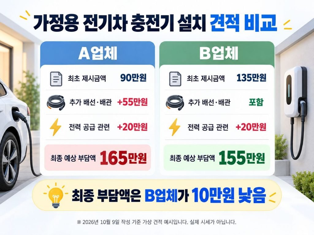 가정용 전기차 충전기 설치 A업체 165만원 B업체 155만원 가상 견적 및 추가 공사비 비교